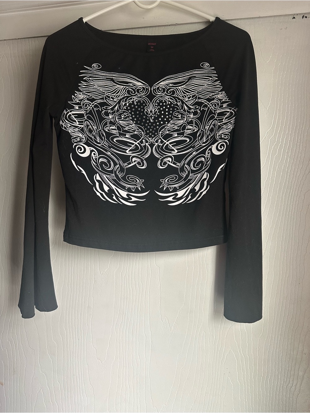 ROMWE Y2K Black Long Sleeve Top with Rhinestone &White Graphic